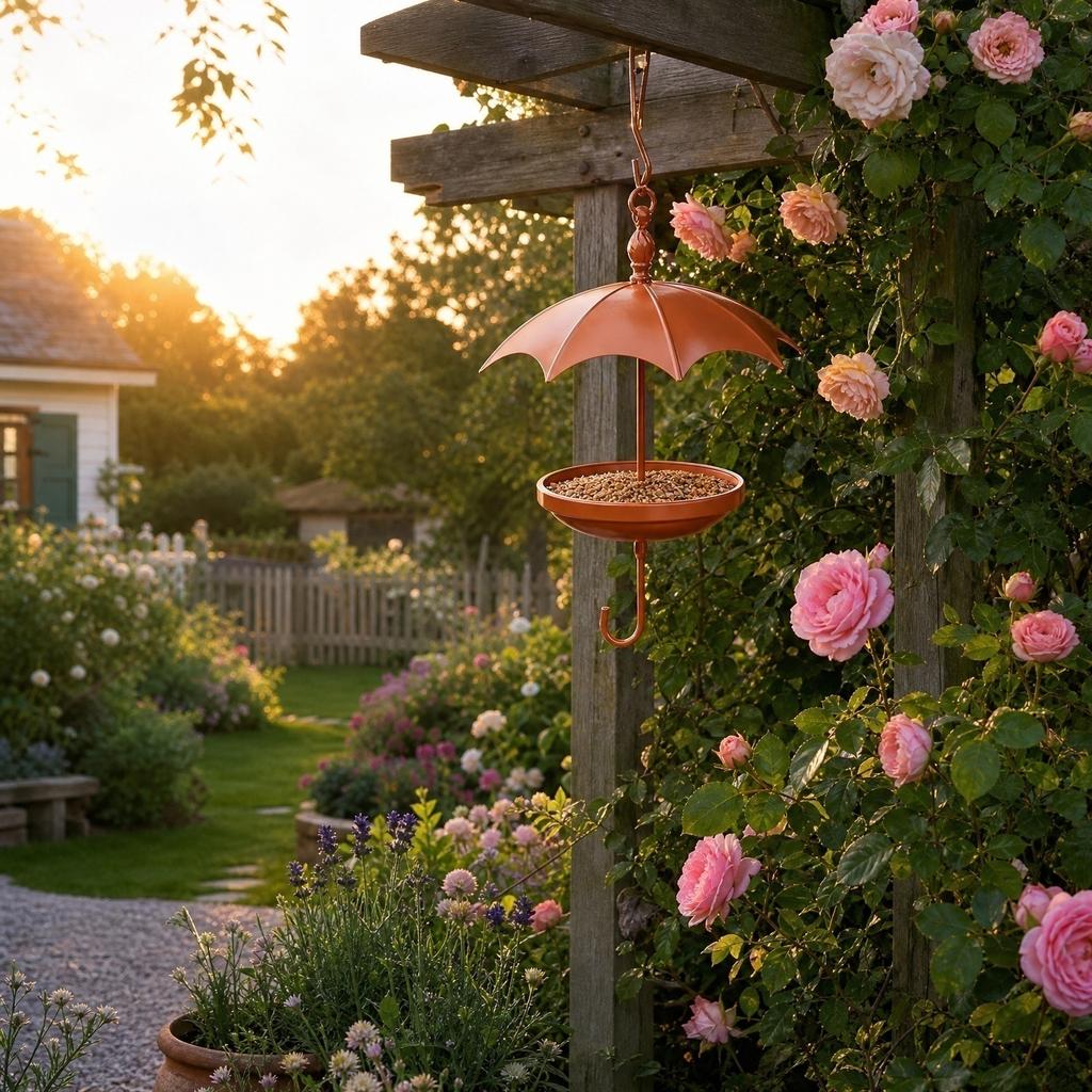 Umbrella Shaped Bird Feeder Hanging Outdoor Garden Bird Feeding Station Patio Yard Decorative Metal Craft with Hook for Birds