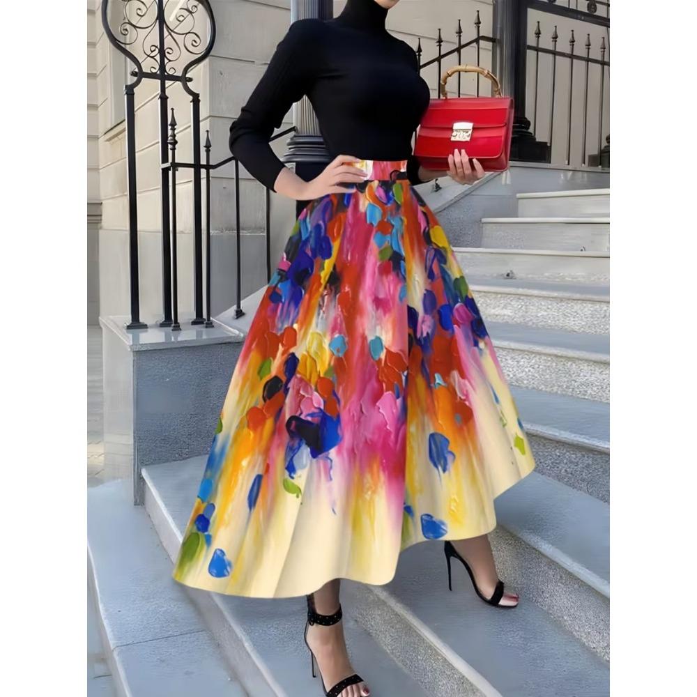 Vacation Style Green and White Abstract Print Midi Skirt for Women Summer Casual High Waist A Line Skirt Trendy Fashion Skirt