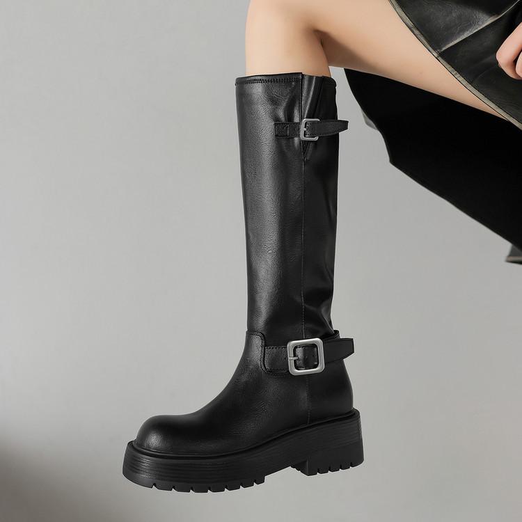 European and American Leather Round Head Thick-soled Knight Boots Foreign Trade New Belt Buckle Muffin Bottom Comfortable Versatile Thick Heel H