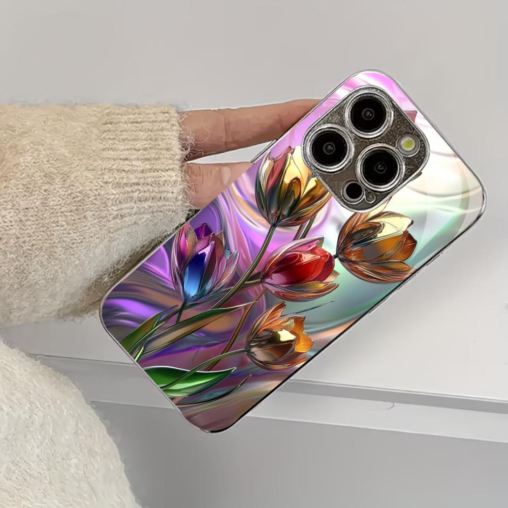 Tulip Flowers High-end Phone Case Electroplated Glass TPU PhoneCase for iPhone 17 16 15 14 13 12 11pm Pro Plus