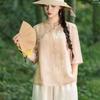 Women's Beige Chinese Style Bamboo Printed Half Sleeve Blouse With Stand Collar Loose Casual Lightweight Top