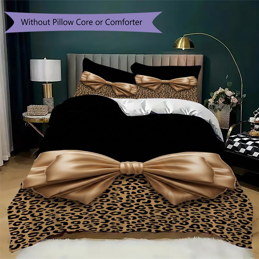 Leopard Print Bow Pattern Bedding uilt Set uilt Cover Pillowcase Home Decoration Birthday Gift (1 * duvet cover + 2 * pillowcase without core)91