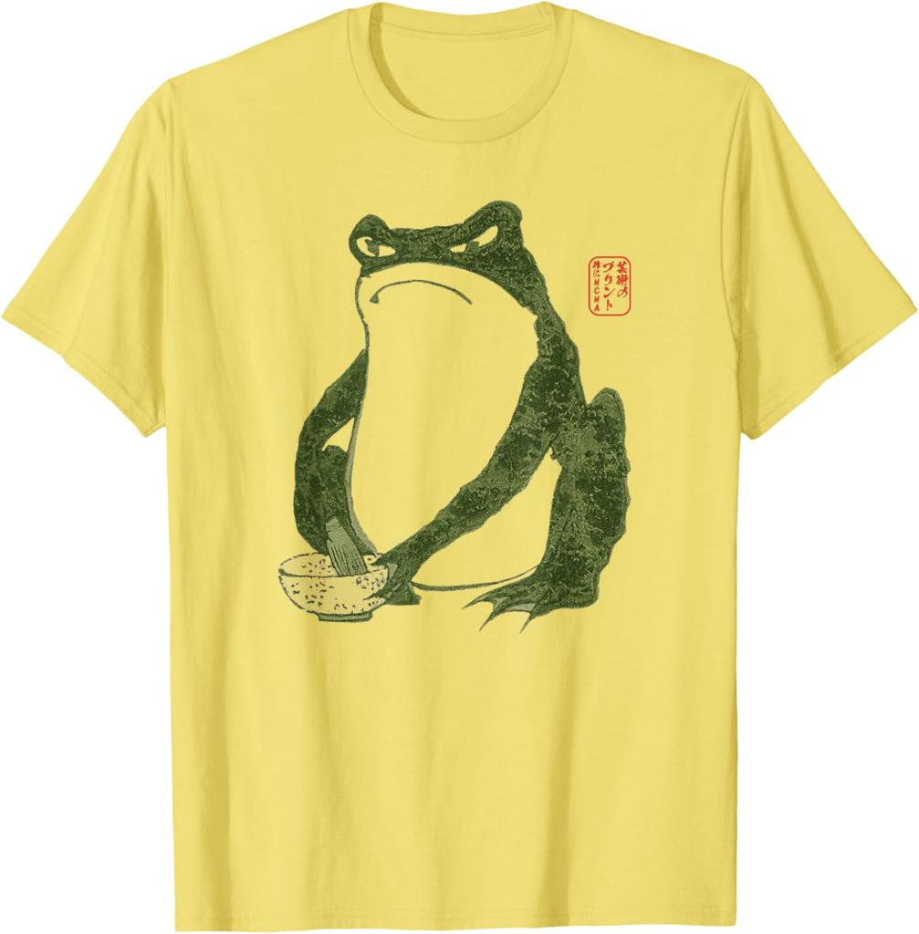 Grumpy Frog Eating Ramen Japanese Art Print Graphic Tee Cotton Casual Short Sleeve TShirt Men