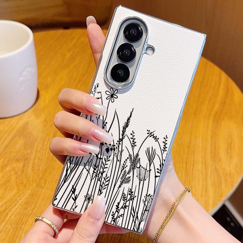 Line Flower Pattern Case For Samsung Z Fold 7 6 5 Luxury Hybrid 3in1 Leather Skin Plating Folding Phone Cover For Samsung Z Fold7 Fold6 Fold5