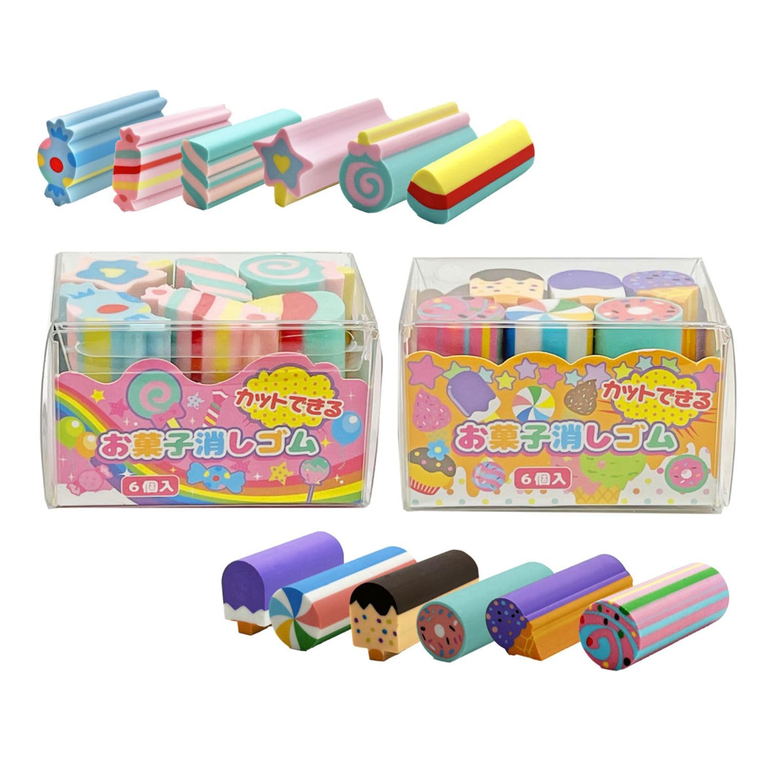 6 pieces per pack x 2 sets Cuttable! Candy-designed erasers,
