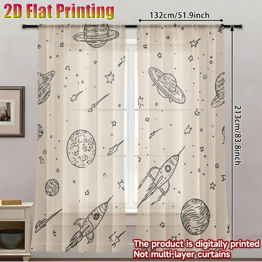 2PCS Digital Printed Sheer Curtain, Saturn Astronaut Space Print, Cosmic Galaxy Sci Fi for Living Room Bedroom Home Decor