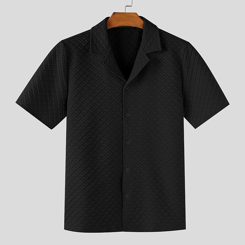 INCERUN Oversized Men Lapel Neck Short Sleeve Texture Buttons Up Casual Shirts