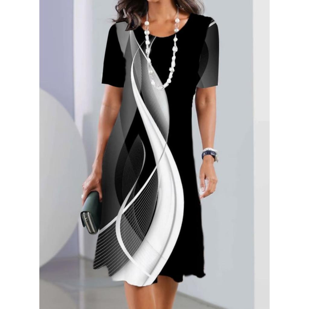 Rundhals Print Blumenkleid Taillenbetontes Elegantes Kleid für Damen Kurzarm Lockere Kleider Causal Kleid