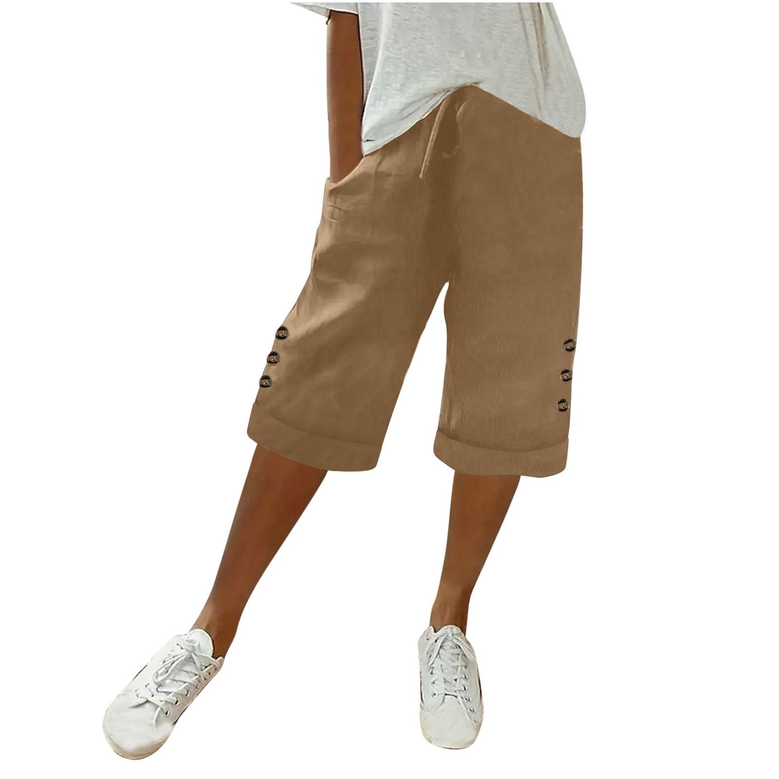 

Женские летние модные свободные однотонные повседневные шорты из хлопка и льна на завязках на пуговицах M хаки