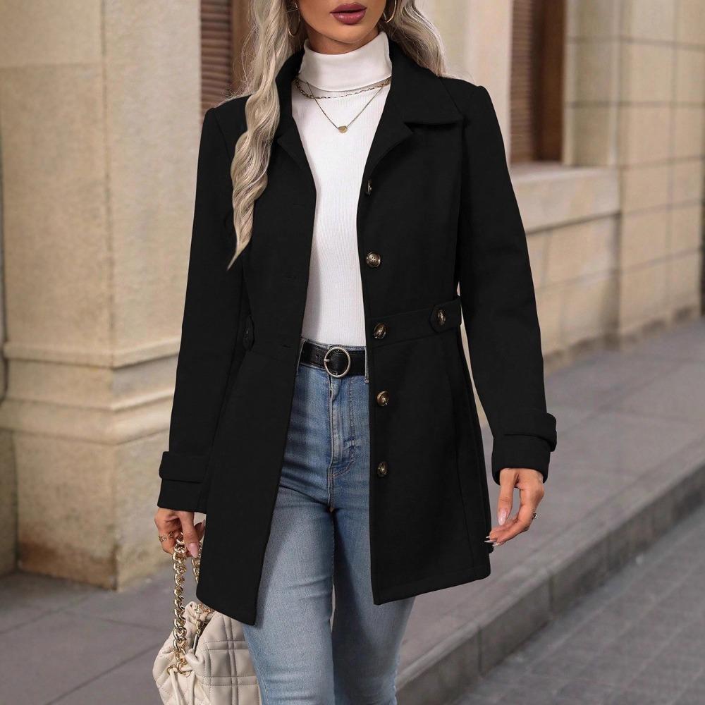 Abrigo de Lana Mixta Midi con Solapa de Solapa y Botonadura Única para Mujer Elegante Cinturón en la Cintura Longitud Media Ropa de Abrigo Otoño Invierno