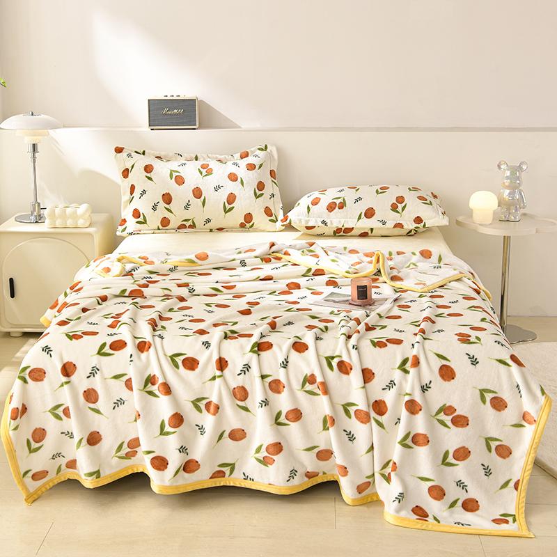 Lightweight Soft Flannel Blanket with Leaf Print Warm Plush Bedspread Milk Velvet Throw Blankets for Sofa Bed Home Bedding Cover