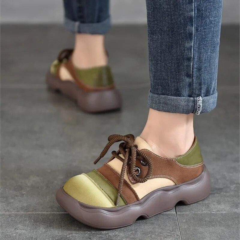 Johnature Genuine Leather Lace-up Thick Soled Shoes Retro Mixed Colors Round Toe Women's Flat Shoes