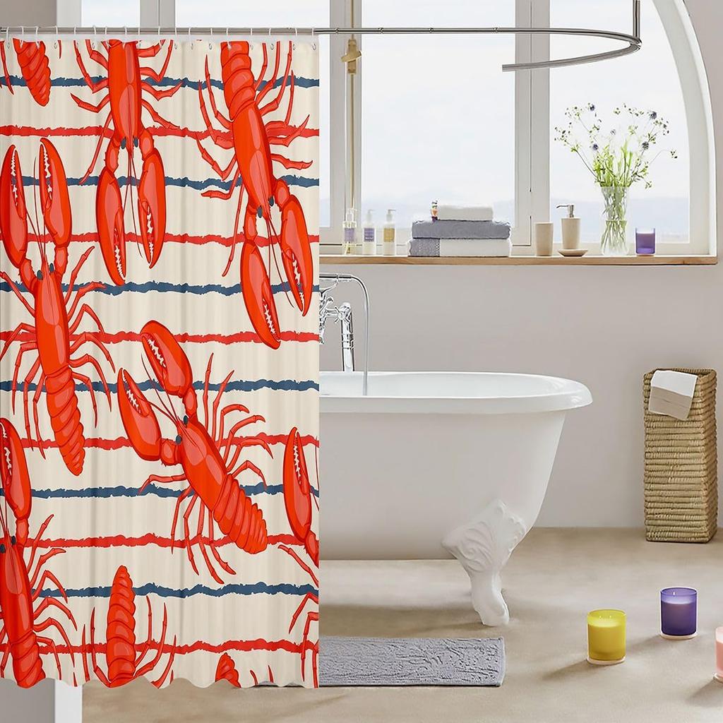 Nautical Lobster Pattern Waterproof Shower Curtain 180X180Cm - Funny Marine Theme Fabric Bath Curtain For Kids & Adults