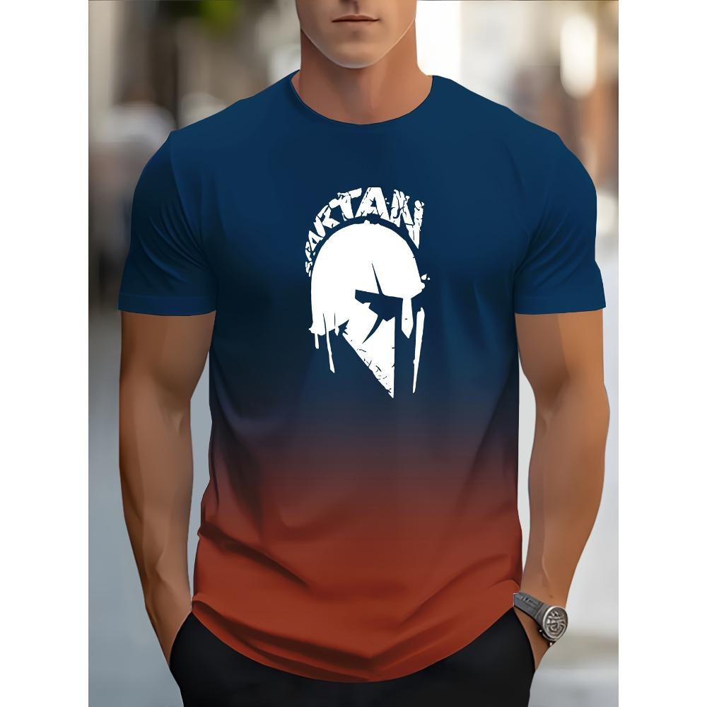 Casual Gradient Color Short Sleeve Top Fashion Men's Spartan Graphic Print T-shirt Oversized Breathable Muscle Crew Neck T Shirt