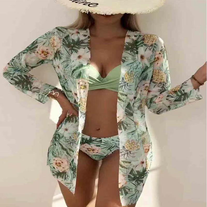 3 Pieces Bikini Sets Women Summer Sexy Floral Twist Low Waist Bikinis Cover Up Swimsuit Female Brazilian Beachwear Bathing Suit WBL