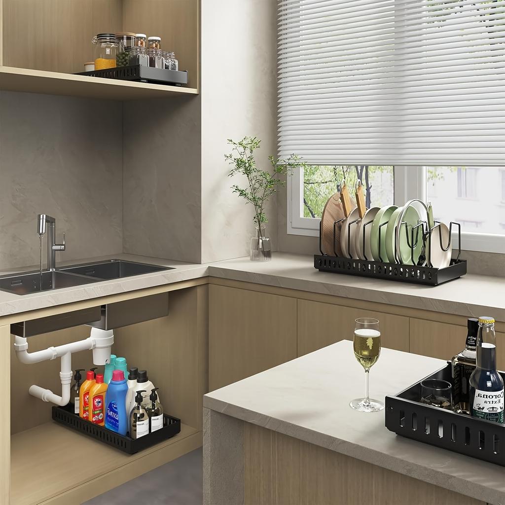 Pull Out Pot Lids Organizer Rack, 2pcs Pots and Pans Organizer for Under Cabinet, Pot Lid Holder with 8 Adjustable Compartment for Kitchen Cabinet