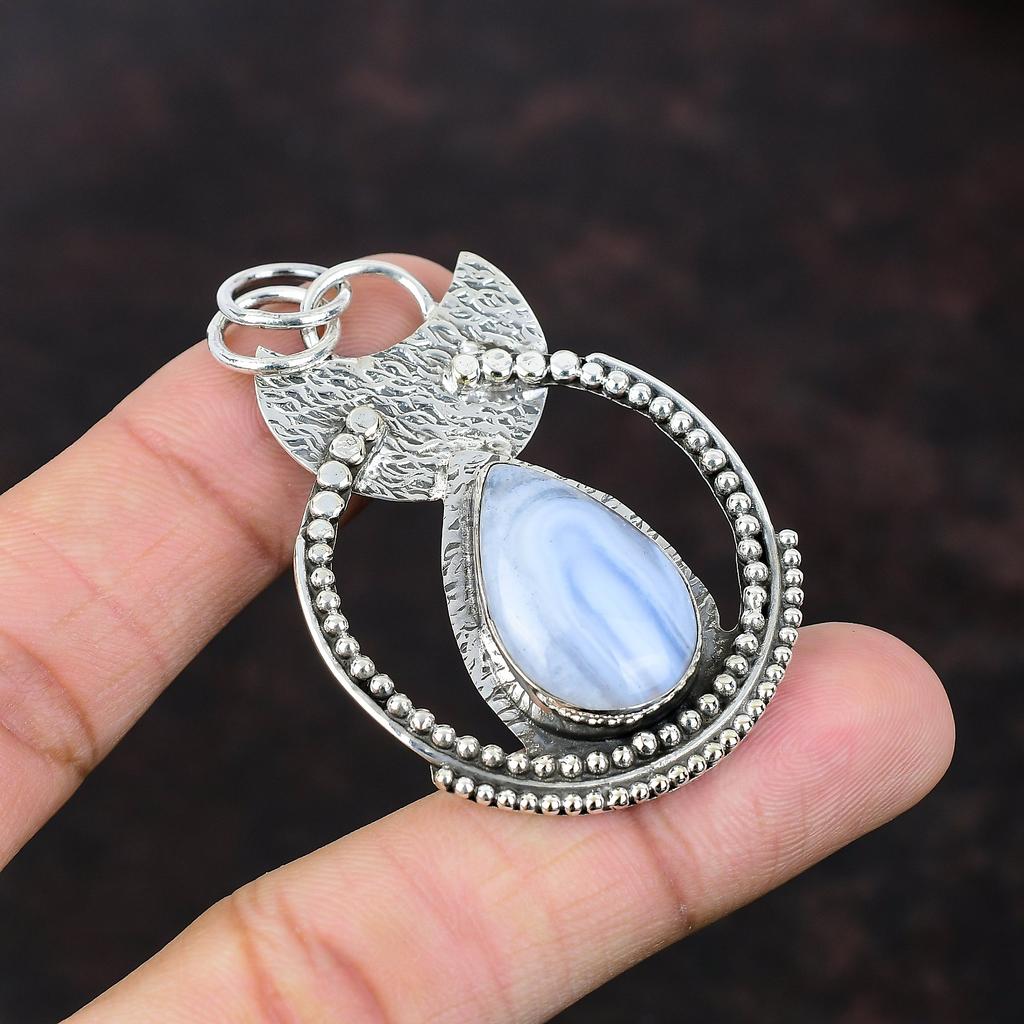 Blue Lace Agate Pendant 925 Sterling Silver Pendant Handmade Brand New Jewelry Dainty Gemstone Pendant Healing Stone Jewelry Gift For Mother