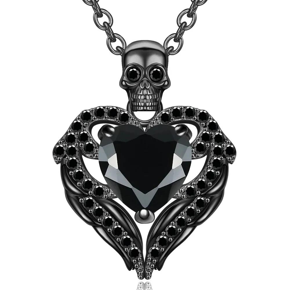 Heart Purple Red Angel Wing Crystal Zircon Women's Skull Black Pendant Necklaces Mother's Day Halloween Christmas Jewelry