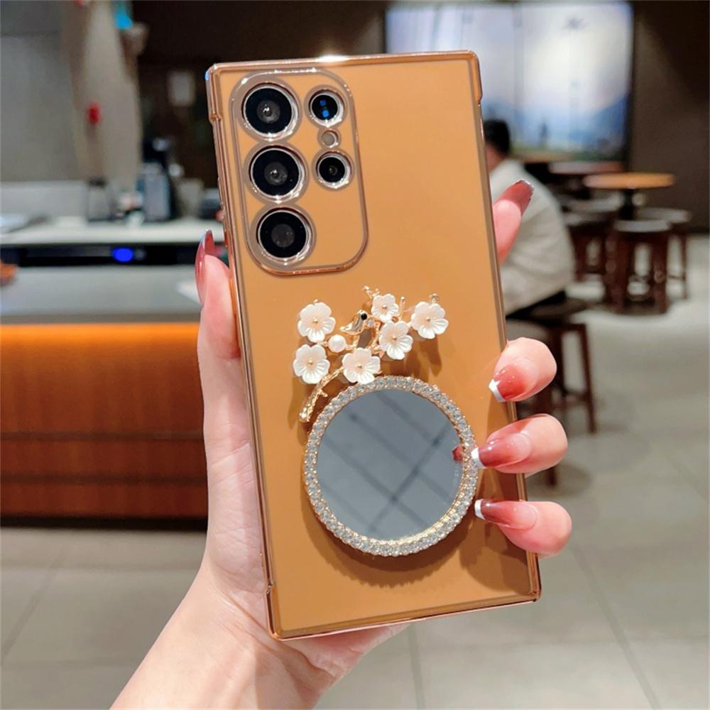 For Samsung Galaxy S24 Ultra Case with Plum Blossom Mirror Electroplating Edge Heart Pattern TPU Phone Cover