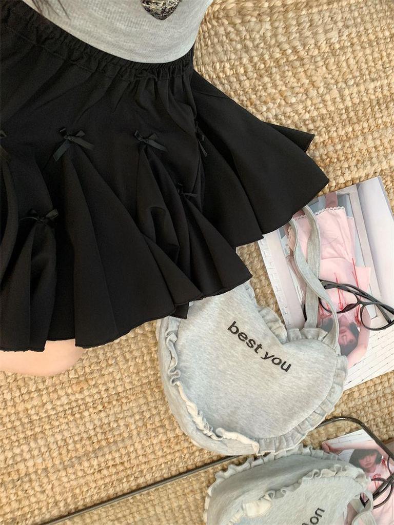 Petite Women's Summer Elastic Waist Pleated A-line Mini Skirt with Built-in Safety Shorts and Bow