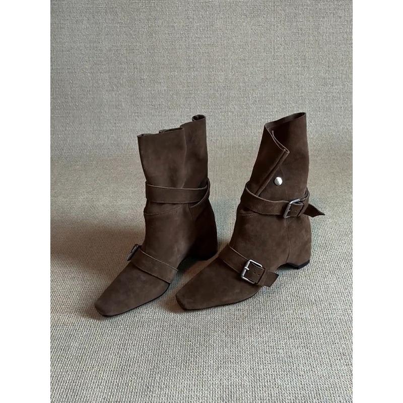 Koeienhuid versie~ retro mat leer temperament binnenhoogte verhoging western cowboylaarzen dames niche nieuwe gesp korte laarzen
