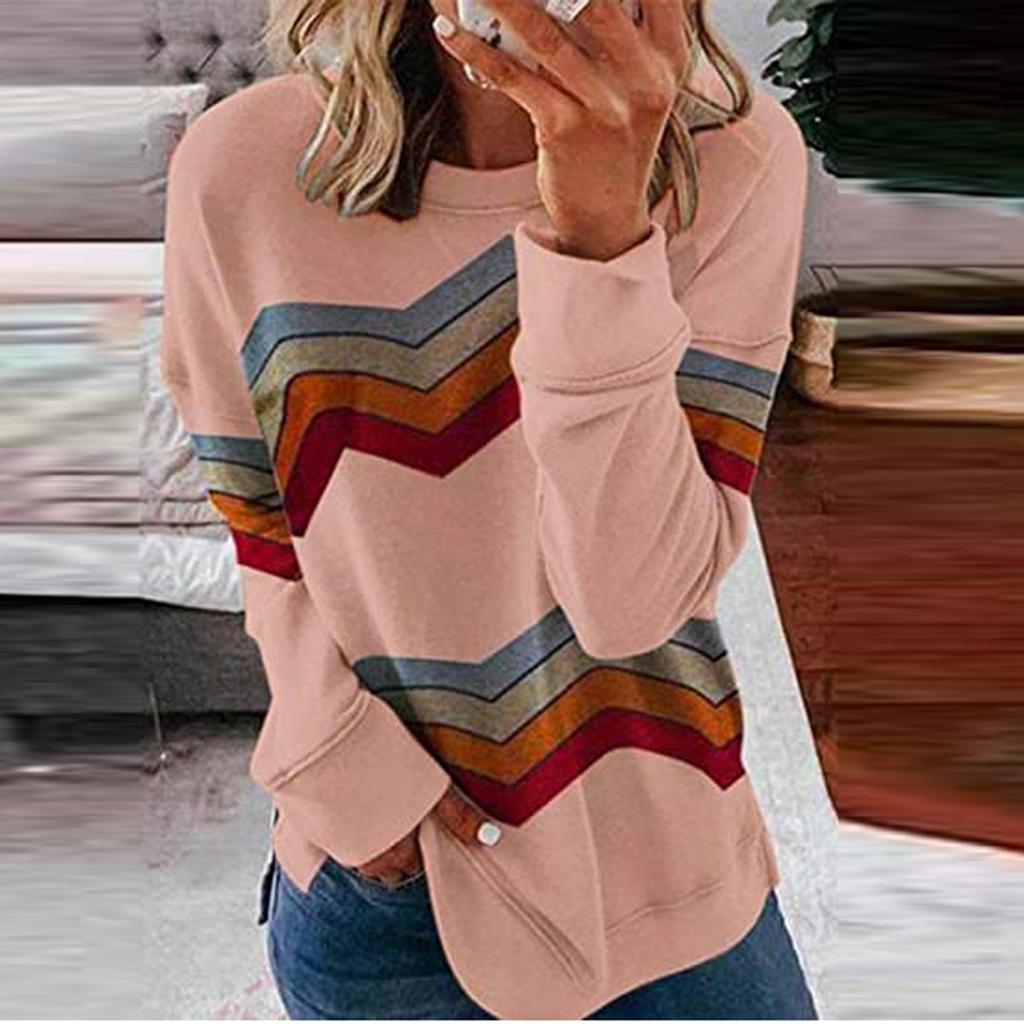 Women's Casual Long Sleeve Stripe Print Color Matching T Shirt Slim Top