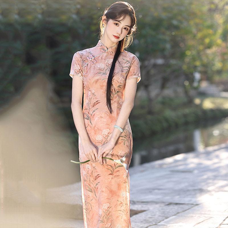 Pink national style new Chinese Suzhou long cheongsam improved young 1011 new women's high-end sense can be worn daily