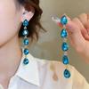 Blue Synthetic Zircon Flower Water Drop Fringed Earrings Women's European and American Light Luxury High-end Exaggerated Personalized Earrings