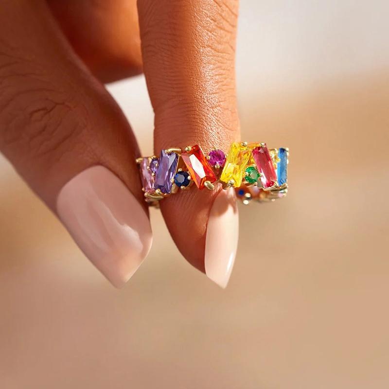 Geometric Bright Multicolor CZ Stone Ring Young Lady Fashion Finger Accessories Trendy Engagement Band Jewelry for Women