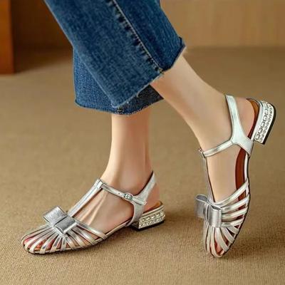 Sieviešu apavi Modes potīšu siksna Sieviešu sandales vasaras slēgtā purngala slingbacks sprādze Cieta zempapēžu biroja sieviešu apavi