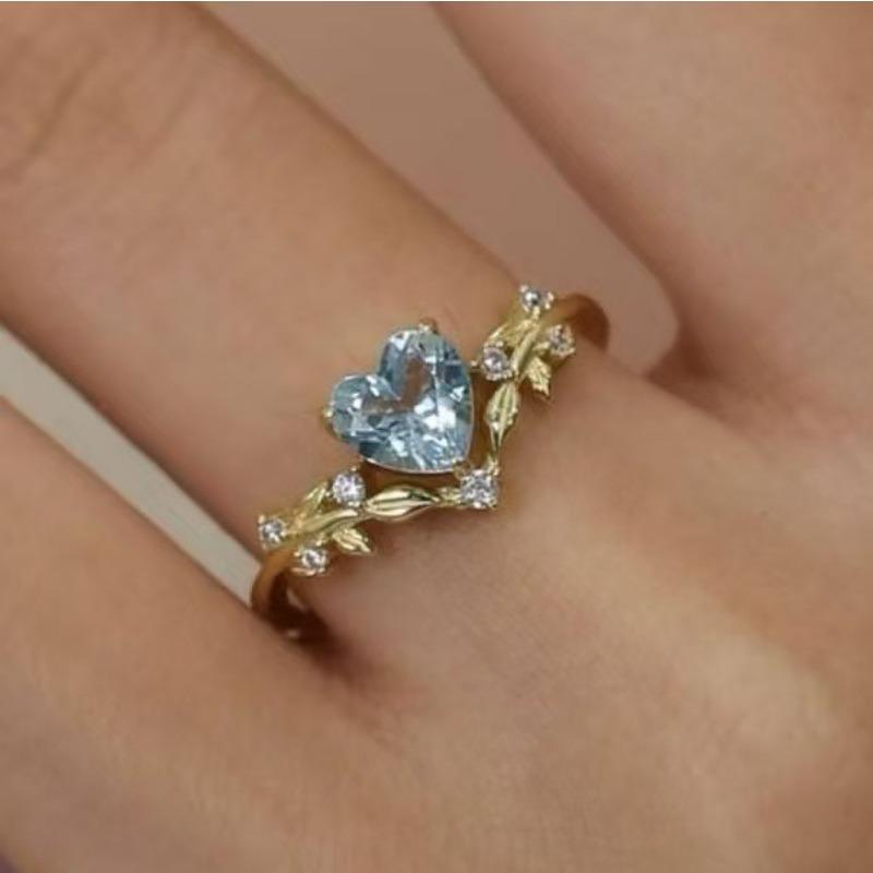 Exquisite Inlaid with Blue White Stone Gold Color Heart Flower Rings Party Rings for Women Jewelry