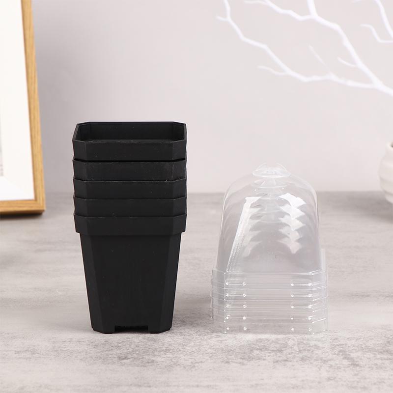 

5шт квадратный маленький цветочный горшок с куполом влажности горшки для посадки саженцев чёрный