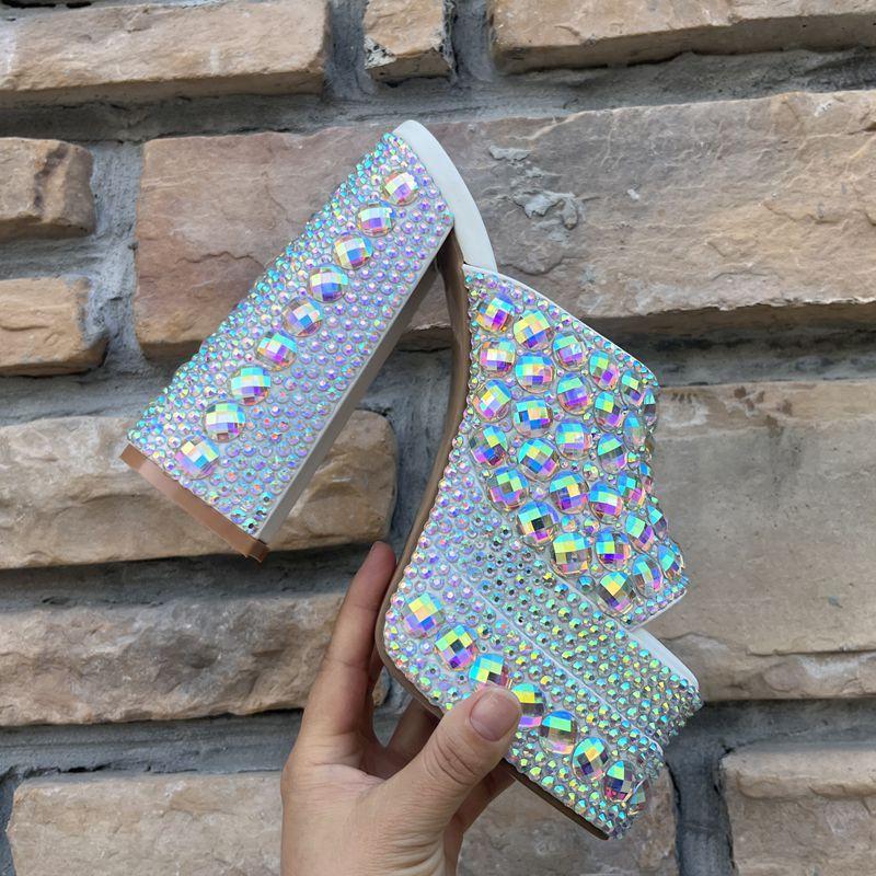 

Luxury Handmade Full Rhinestones Platform Wedges Women Slippers Sandals Summer High heels Mules Slides Chunky Shoes 42