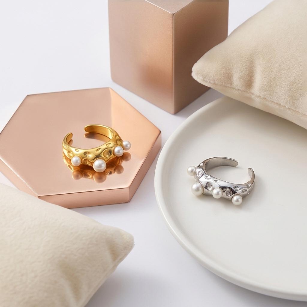 Vintage Pearl Inlaid Stainless Steel Open Ring - Artistic, Versatile, and Irregular-Shaped Jewelry