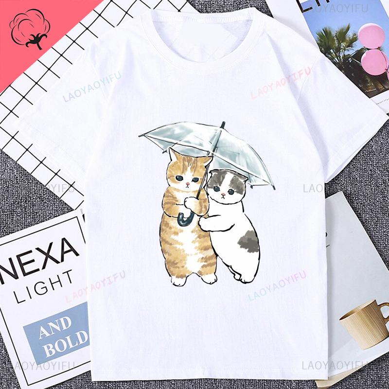 Harajuku Kawaii Kočka Žralok Potisk Roztomilé Kreslené Bavlněné Tričko Módní Streetwear Krátký Rukáv Dámské Tričko Vtipná Grafika Pánská Trička