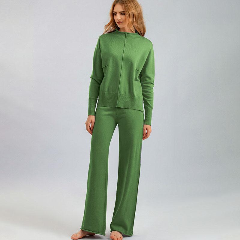 Autumn Winter Women's Knitted Pants Suits Round Neck Slit Sweater Loose Casual Knitted Wide-leg Pants Two-piece Knitted Suit Outfits