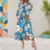 Women Plus Size V Neck Long Sleeve Sunflower Print Black A Line Midi Dress With Pockets