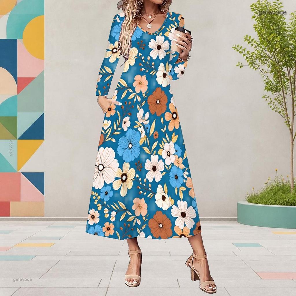 Women Plus Size V Neck Long Sleeve Sunflower Print Black A Line Midi Dress With Pockets