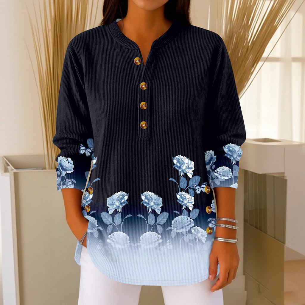 Damen Modisches Knopfkragen Langarm Weihnachtsdruck Pullover Top