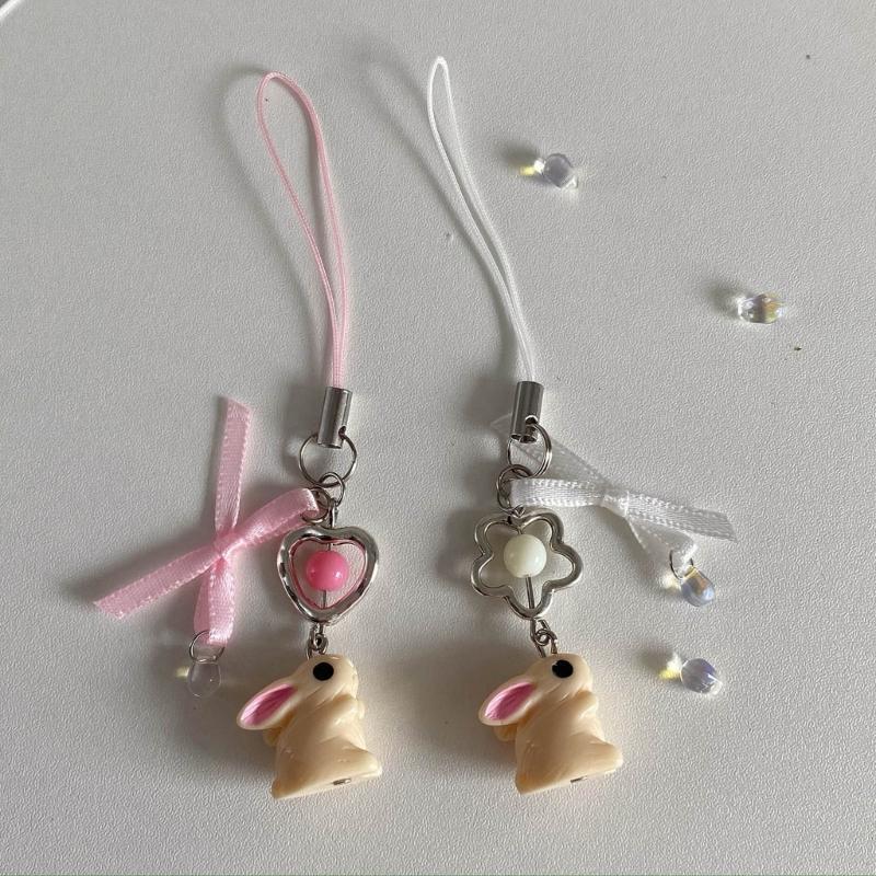 Rabbit Ribbon Phone Charm Keychain Elegant Bowknot Flower Pendant Keyring Romantics Keyring Gift for Women Girl Teen