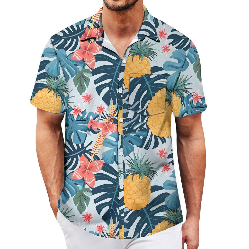 Men's Vintage Button Down Bowling Shirts Short Sleeve Summer Beach Shirt