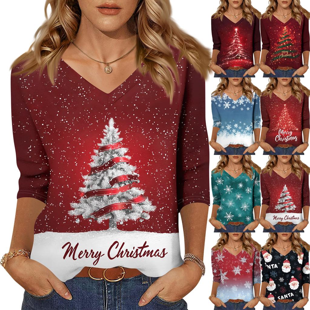 Women's T Shirt CHristmas Print 3/4 Sleeve Daily Weekend Fashion Basic V- Neck Regular Top