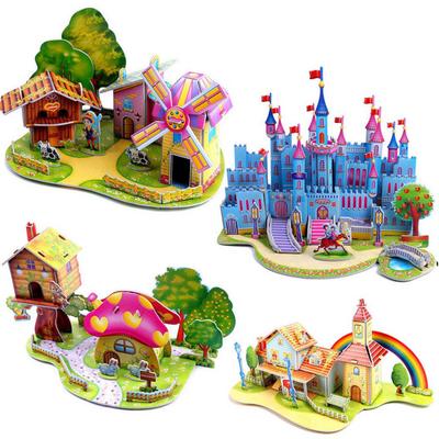 DIY 3D Haus Schloss Windmühle Modell Zusammenbau Puzzles Frühes Lernen Kinder Spielzeug