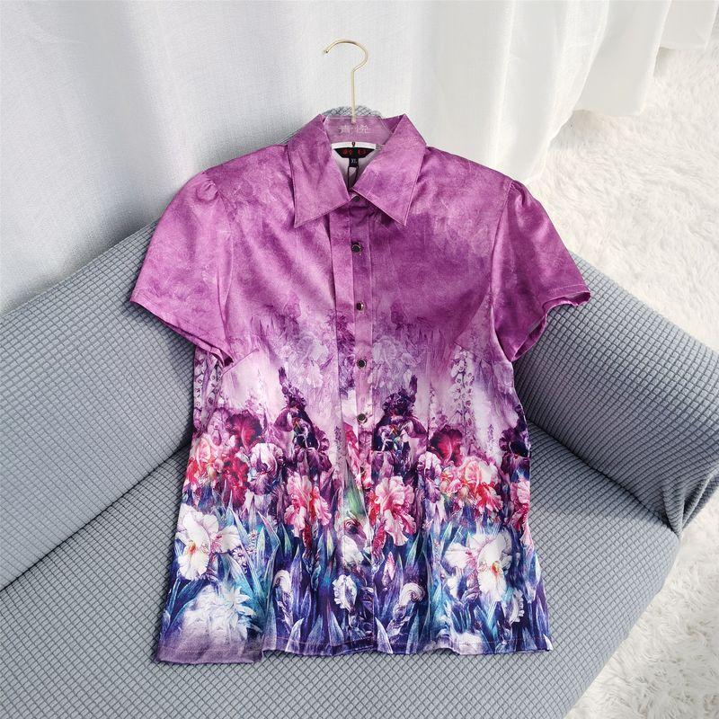 

Clearance Special Offer Middle-Aged and Elderly Women s Clothing Summer Lapels Short-Sleeved Shirt Middle-Aged Mother Wear Silk Women Tops Violet(Purple) XL