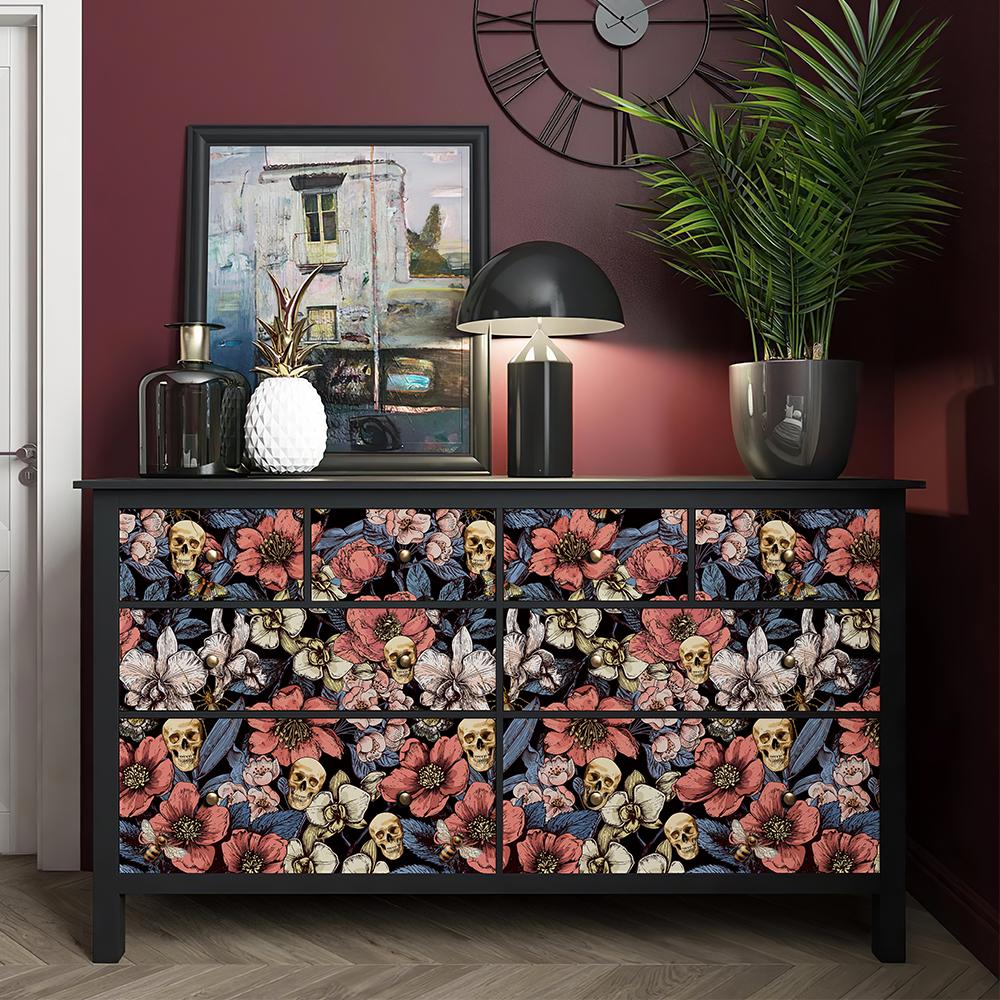 

Розовые цветочные черепа виниловые обои самоклеящиеся водонепроницаемые цветочные черепа наклейка на шкаф шикарный декор стен для фестиваля Хэллоуин 44cmx300cm