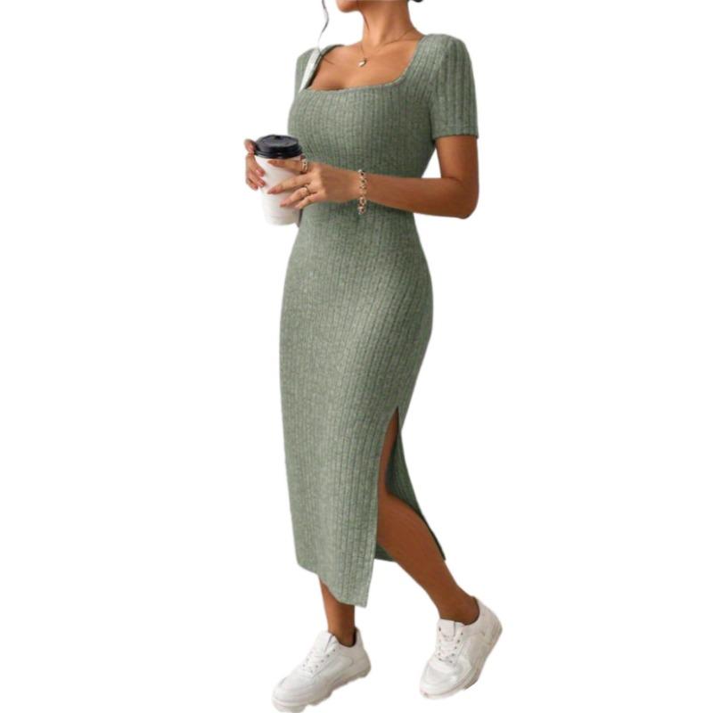 Summer Square Neck, Hip-Hugging Mid-Length Skirt, Short-Sleeved, Versatile Knitted Slit Dress