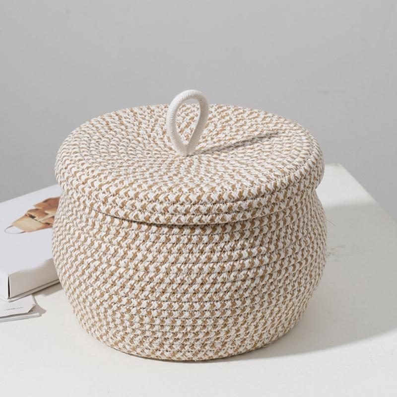 Storage Basket with Lid Key Laundry Round Little Baskets Organizer Shelves Woven Cotton Rope Indoor Pots Plant Decor
