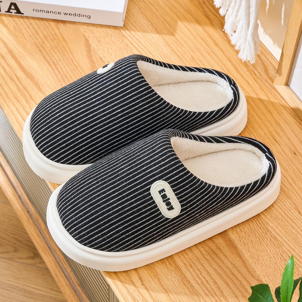 Striped Cotton Slippers Autumn and Winter New Indoor Home Non-slip Thick Bottom Velvet Warm Advanced Couple Cotton Mop