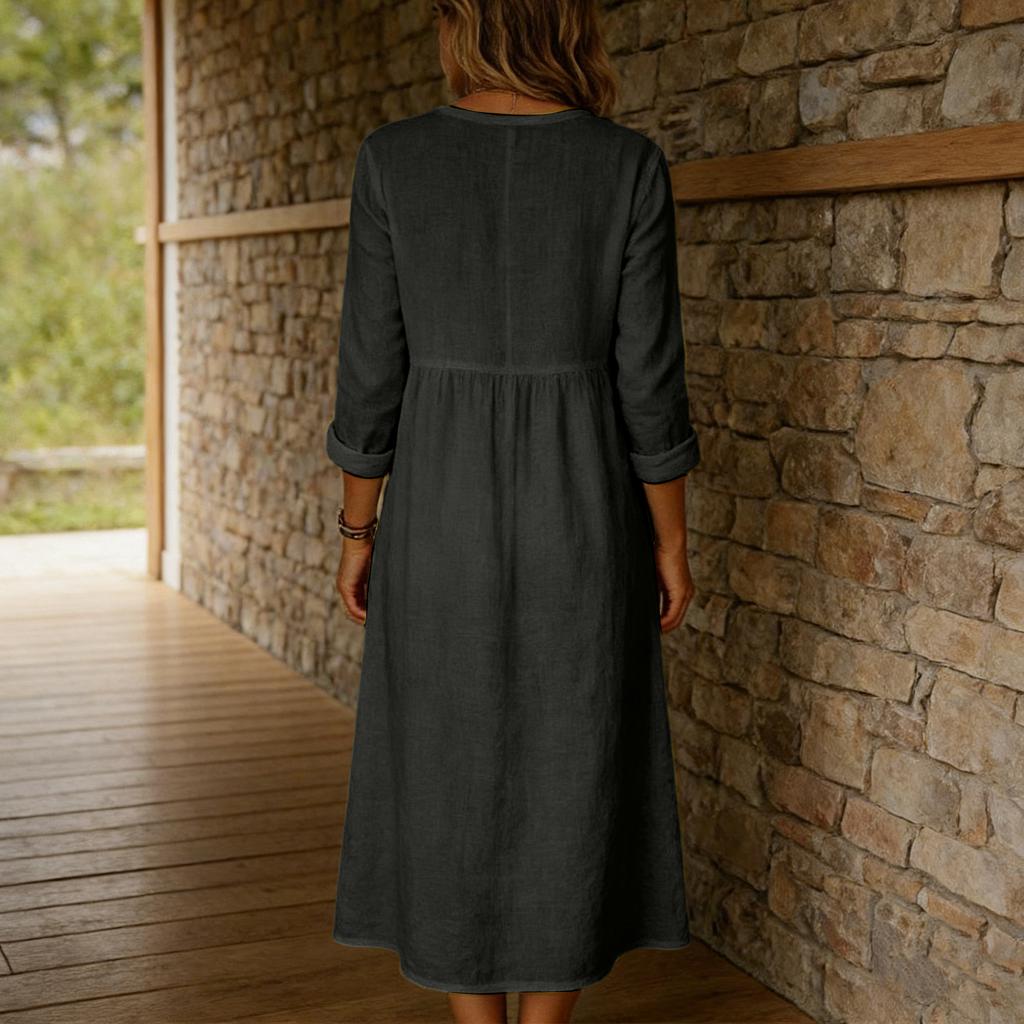 Modisches, lässiges Damenkleid aus Baumwoll-Leinen-Mischgewebe mit langen Ärmeln und Knopfleiste