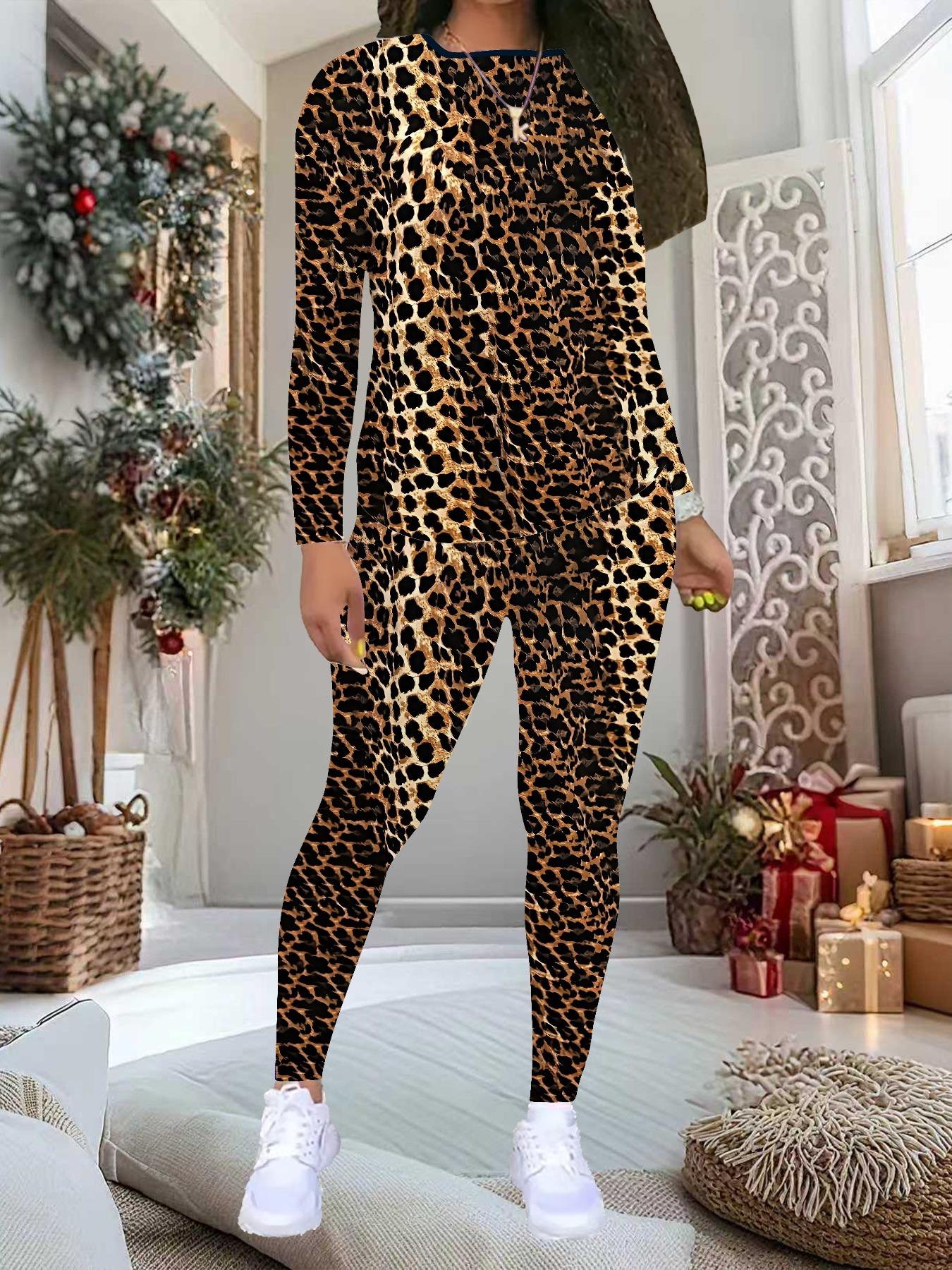 

Женский костюм-двойка с леопардовым принтом: Топ с длинным рукавом и круглым вырезом и брюки, праздничный лимитированный повседневный костюм для вечеринки в подарок XXL оранжевый